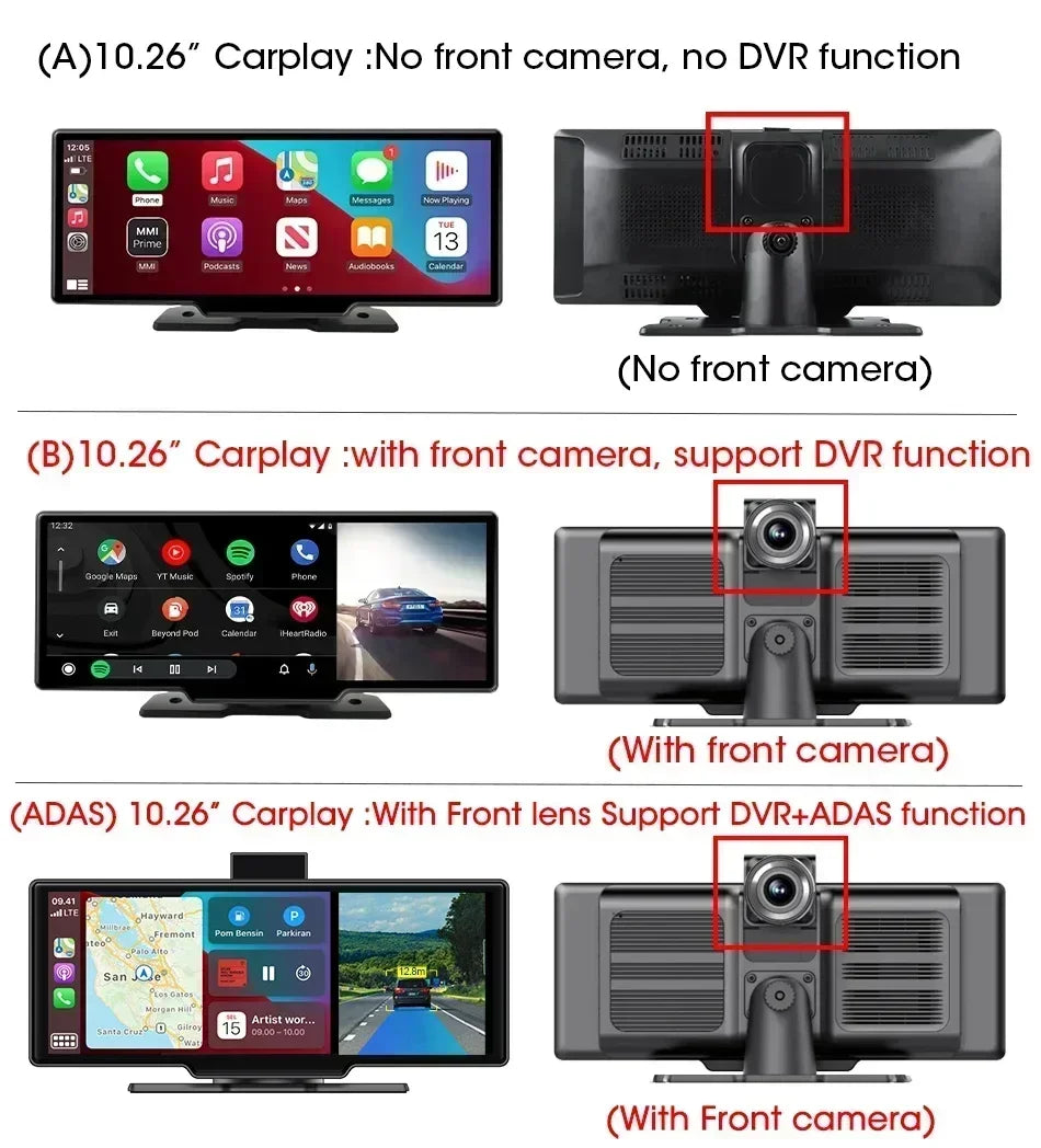 10.26 Inch Dash Cam Rearview Mirror Display with Wireless CarPlay and Android Auto, 4K Front and 1080P Rear Recording