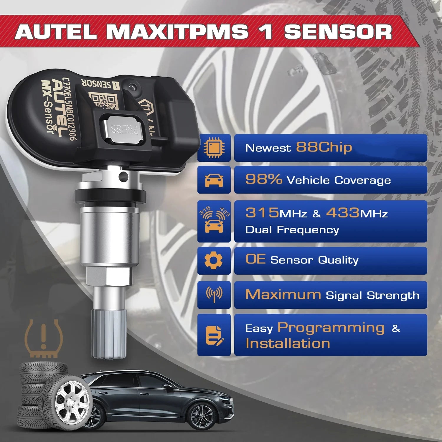Autel MX TPMS-sensor 2-i-1 315MHz & 433MHz klonbar
