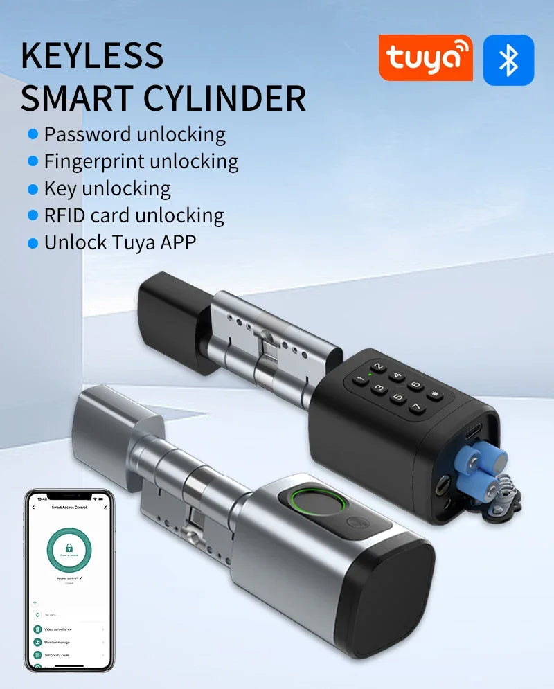 Electronic Digital Tuya Smart Lock Cylinder with Fingerprint Password App Bluetooth Card Mechanical Key Easy Replacement Battery