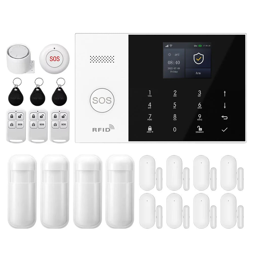 PGST Kit de système d'alarme antivol intelligent 4G WiFi Works with Tuya Works with Smart Life Connexion sans fil Ensemble de capteurs Télécommande Alerte en temps réel Sécurité domicile Bureau Entrepôt Euro
