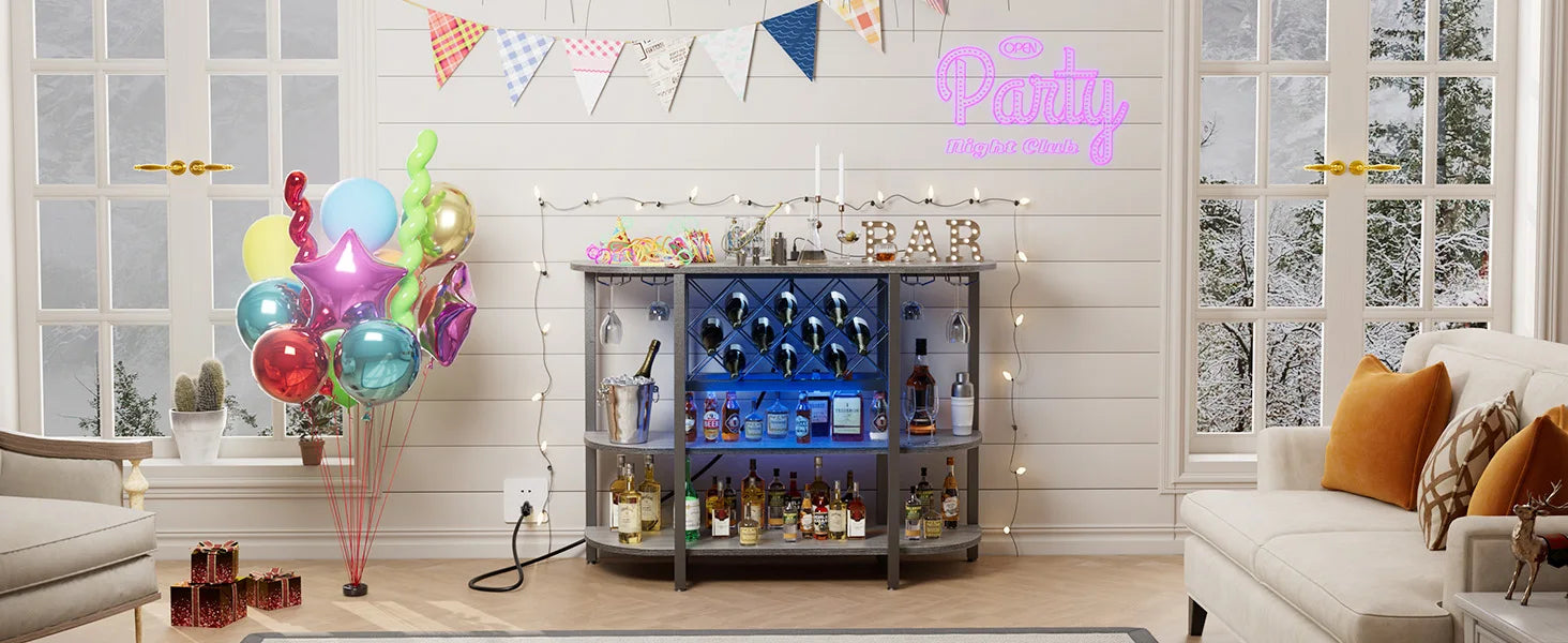 LED Bar Cabinet with Charging Station and Wine Storage Rack