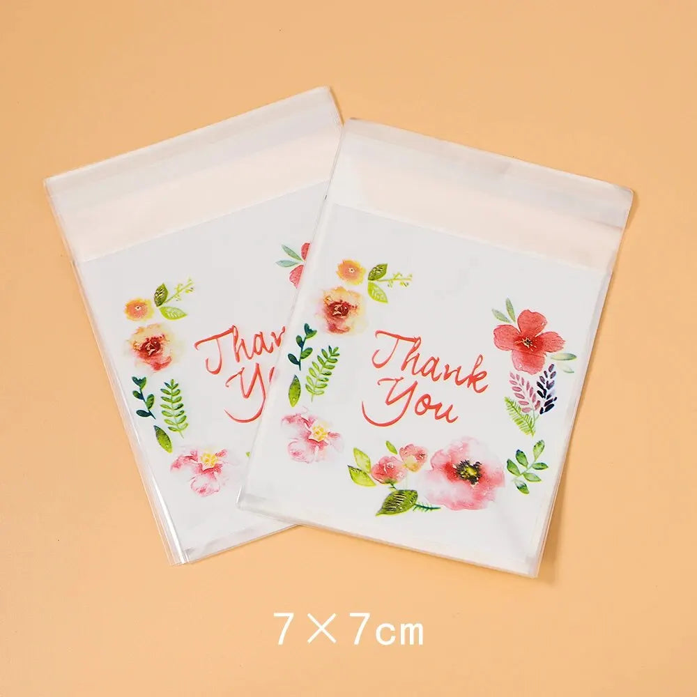 100pcs Colourful Flowers THANK YOU Self-adhesive Bag Plastic Pouches for DIY Jewelry Display Cookies Storage Gifts Bag Wholesale