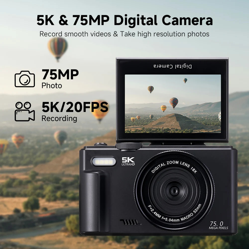 75MP Digital Camera 5K 18X Zoom Flip Screen WiFi
