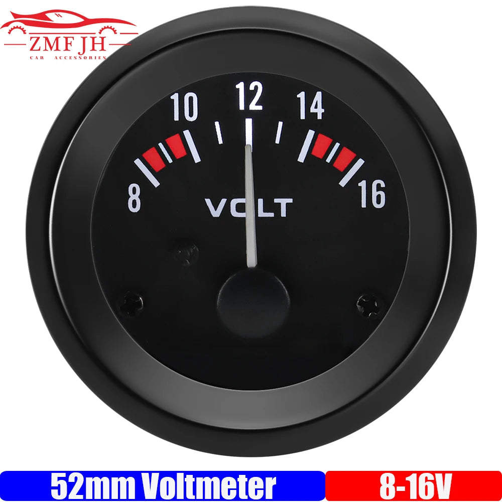 52 mm Car Voltmeter Gauge, 8–16 V, White LED, Black
