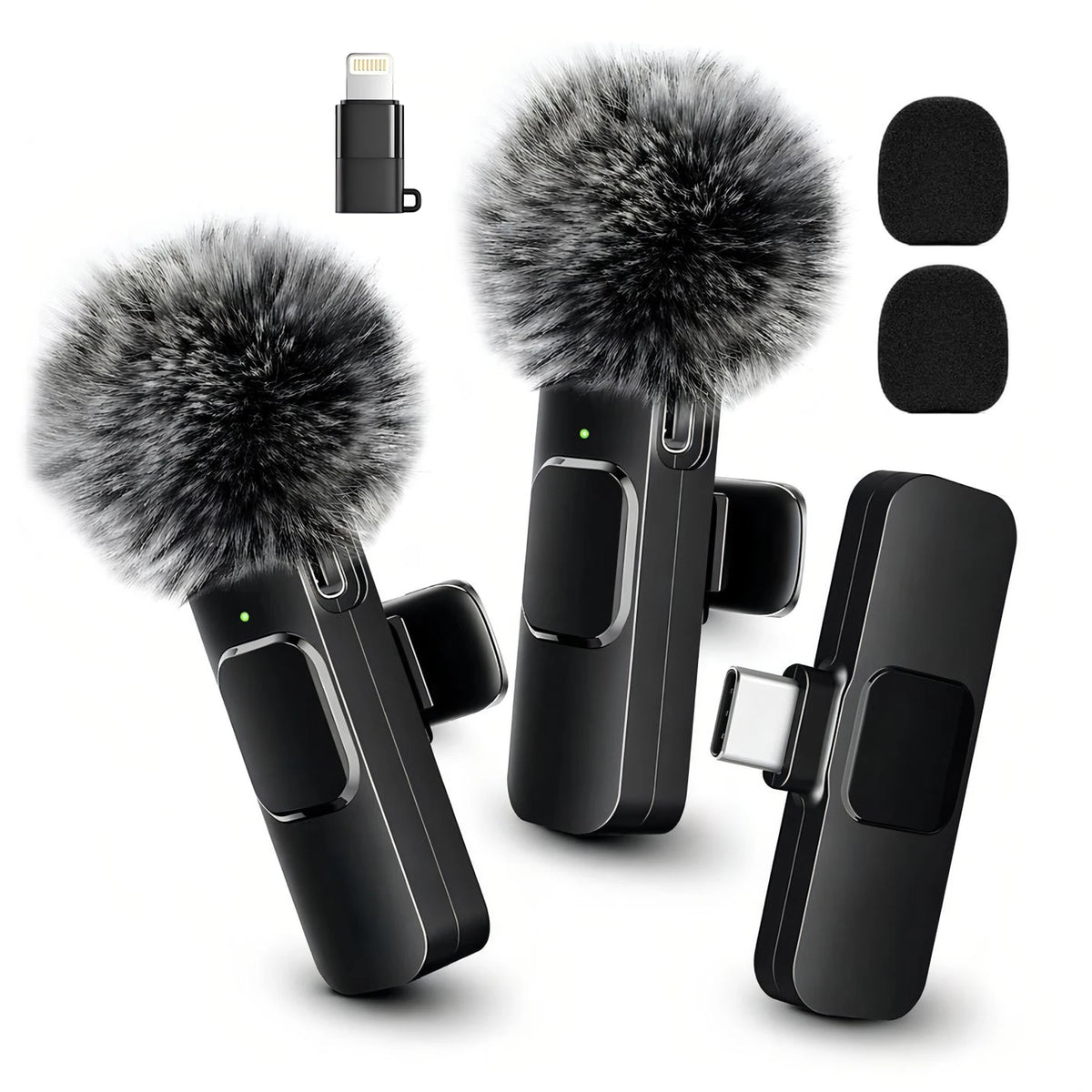 Wireless Mini Lavalier Clip Mic with Furry Windscreen, Dual‑Port Type‑C & Lightning Adapter for iPhone, Android, Tablets, Laptop