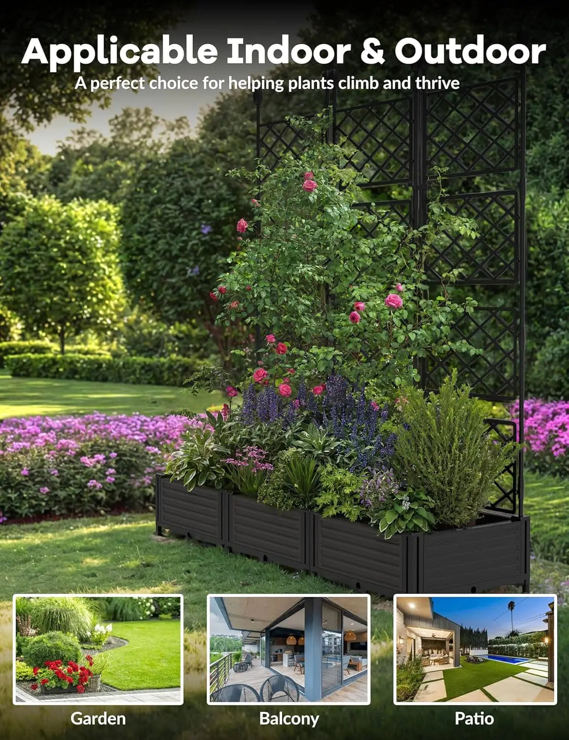 3-Piece Raised Planter Box with Trellis for Climbing Plants