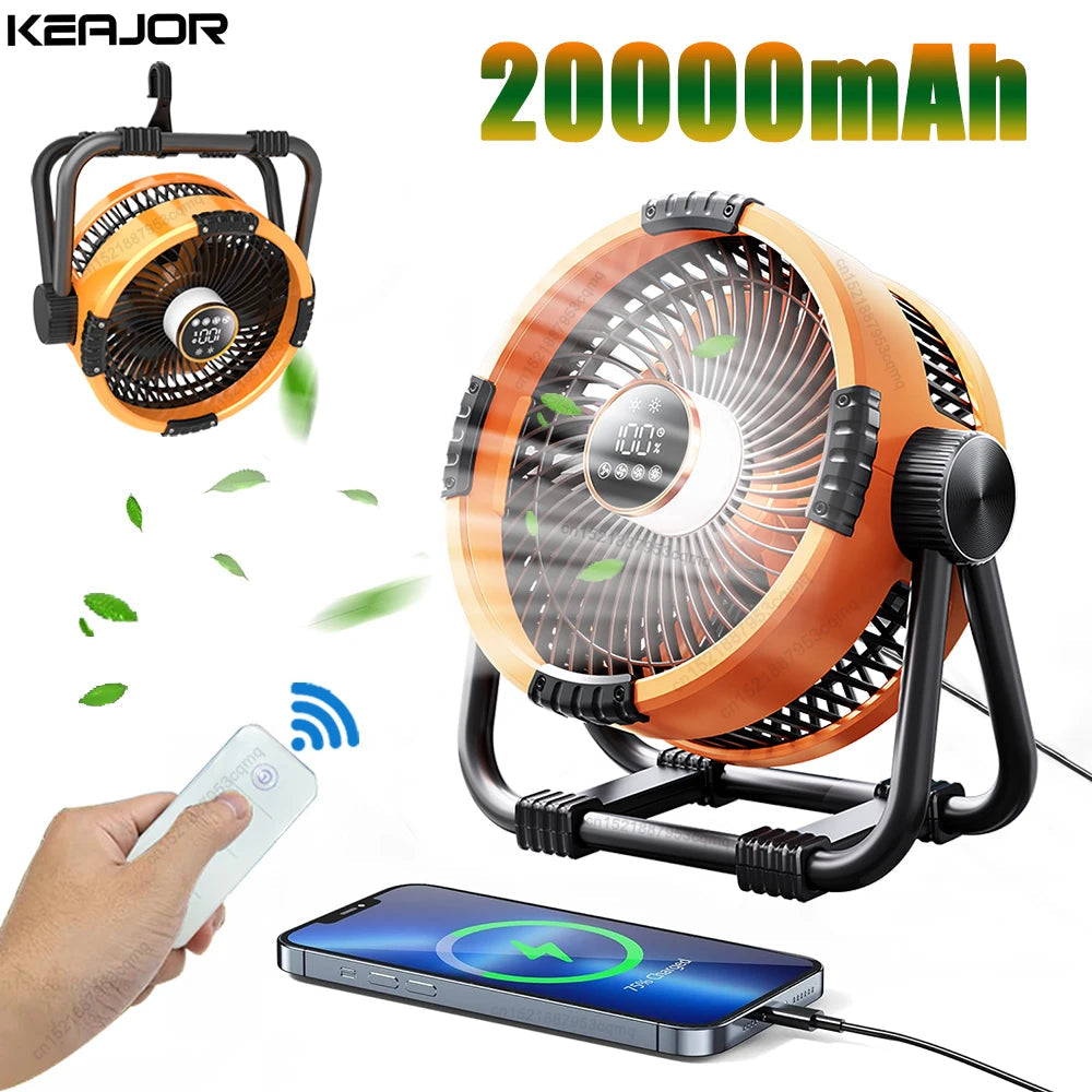 Camping Fan 20000mAh Rechargeable Portable Outdoor Camping Fan Air Circulators Wireless Tent Ceiling Fans with Hook and Light 