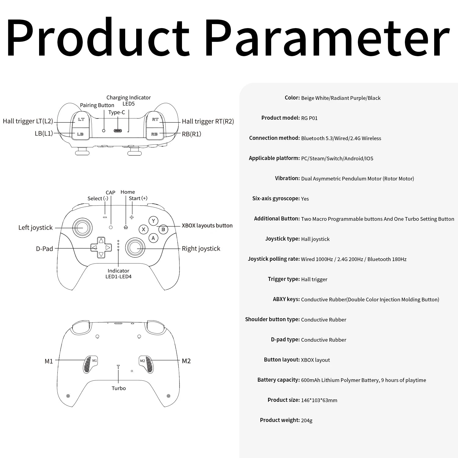 Wireless Gaming Controller with Hall Effect Triggers and Joysticks