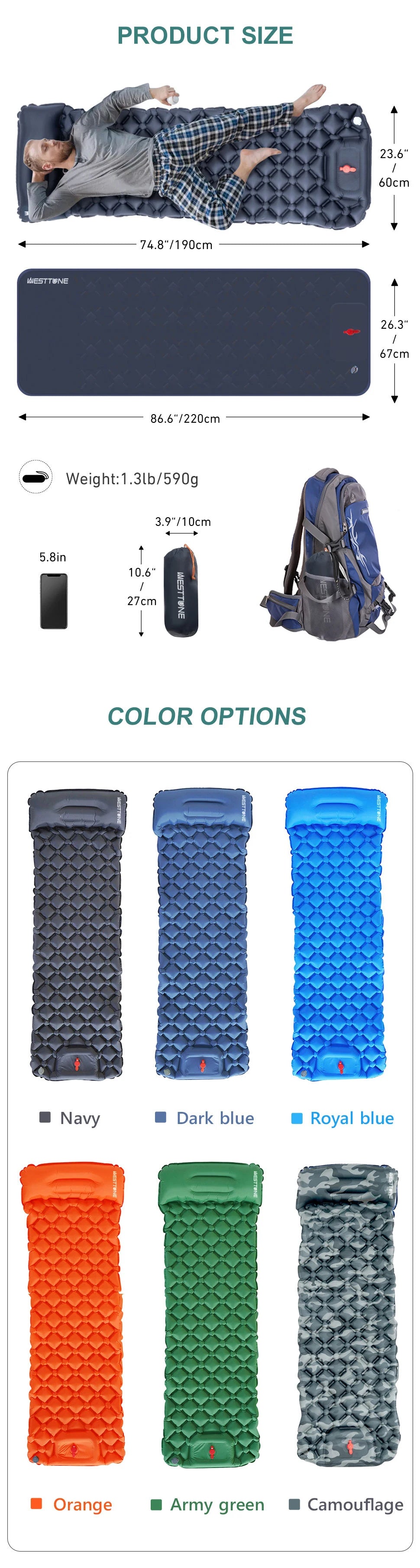 Inflatable Camping Mattress with Built-In Pump and Pillow