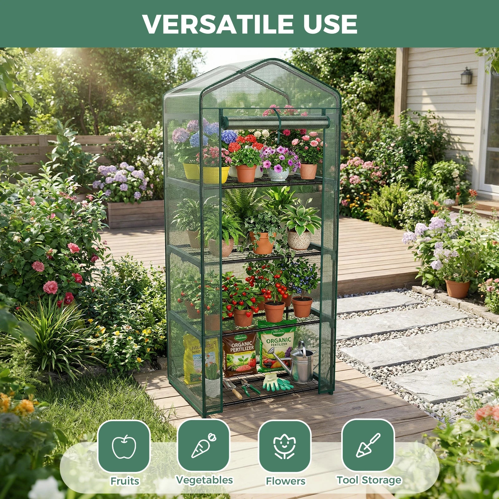 30-tommer mini-drivhus med PE-dække og flerlaget plantehylde