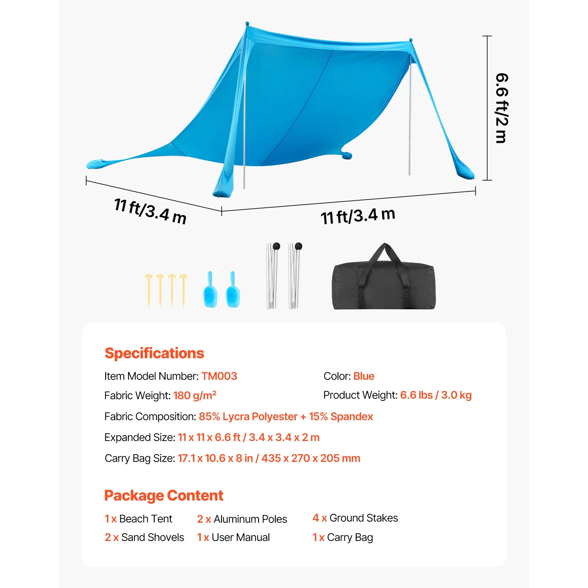 Tente de plage abri solaire UPF50+ auvent pop-up pour 3 à 4 personnes