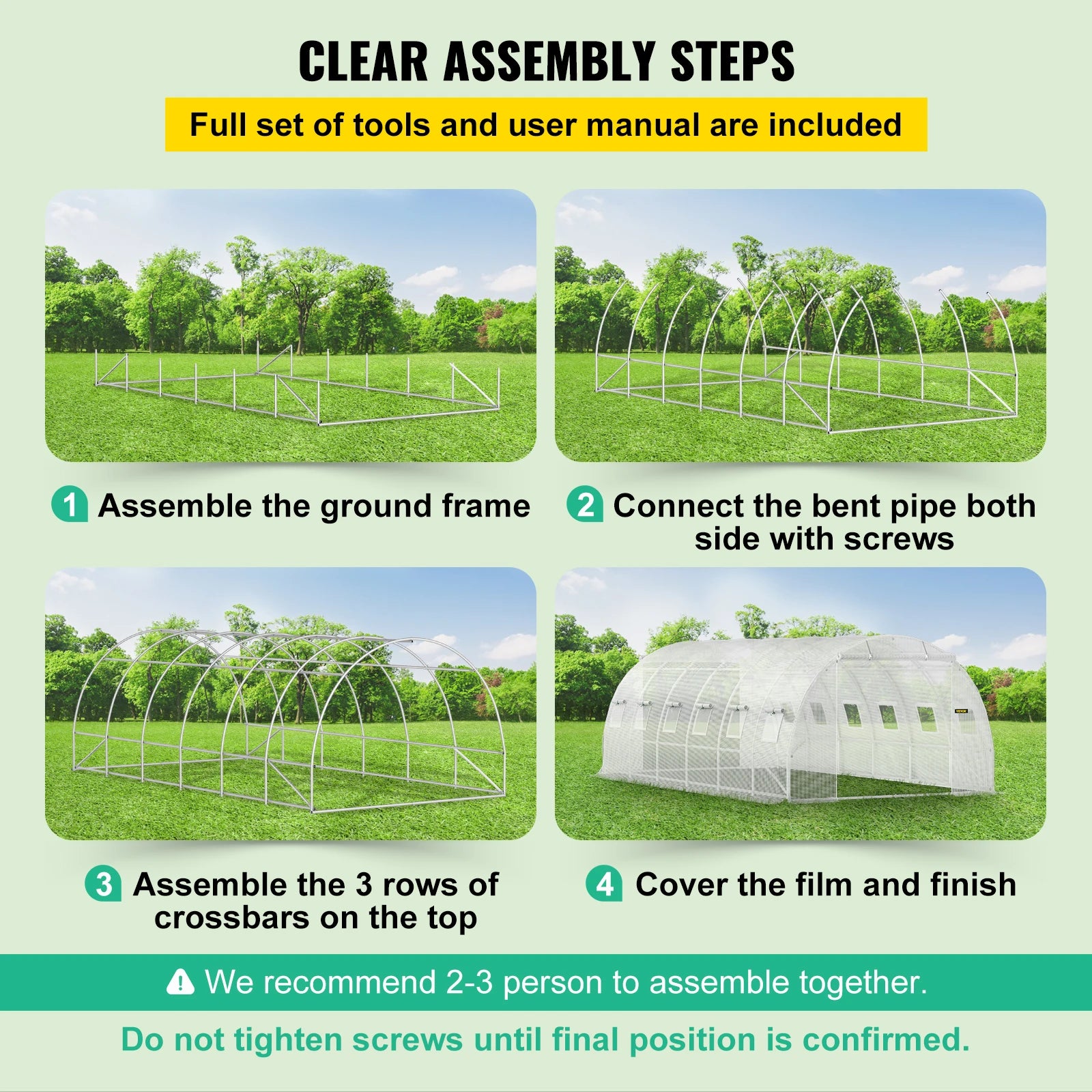 SucceBuy seră tubulară de trecere 20x10x7/15x7x7 ft pentru plante, cu adăpost de tip casă fierbinte, cadrul din oțel galvanizat, 3 brațe superioare și 2 uși cu fermoar