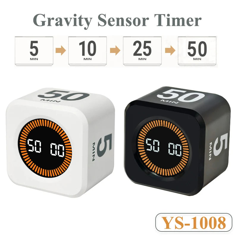 Digital visuell timer med gravitasjonssensor og LED-display, 4 forhåndsinnstilte tider, oppladbar minikubetimer til matlaging, studier og dusjing