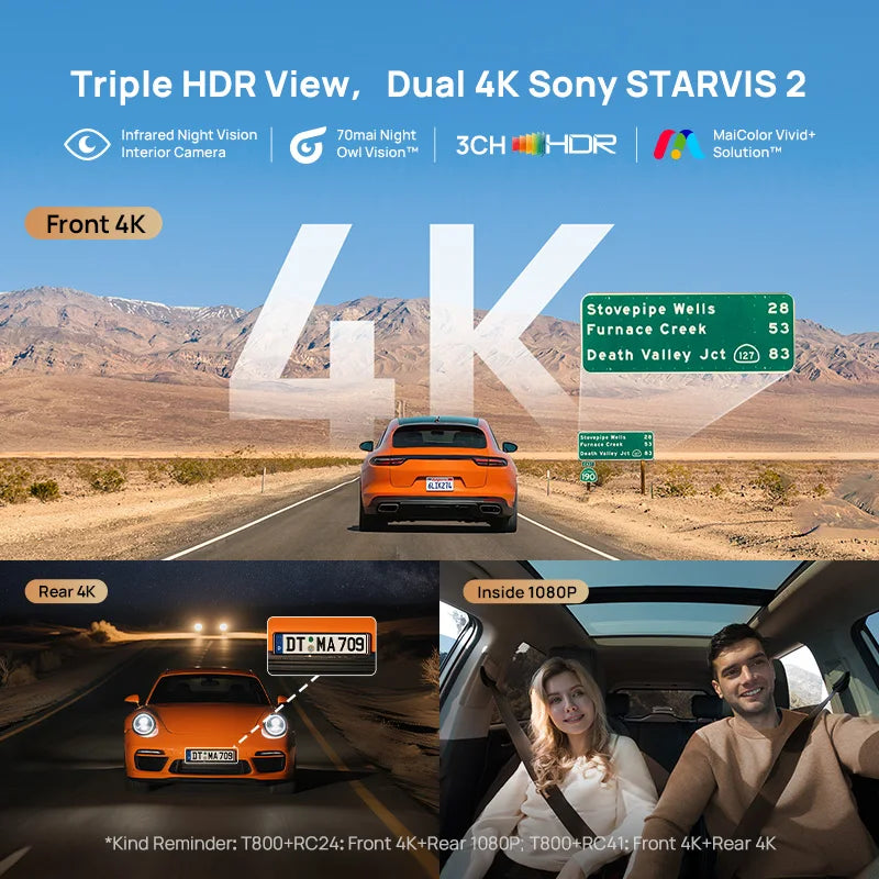 70mai T800 3-Channel 4K Dash Cam with HDR, GPS, 4G & WiFi 6