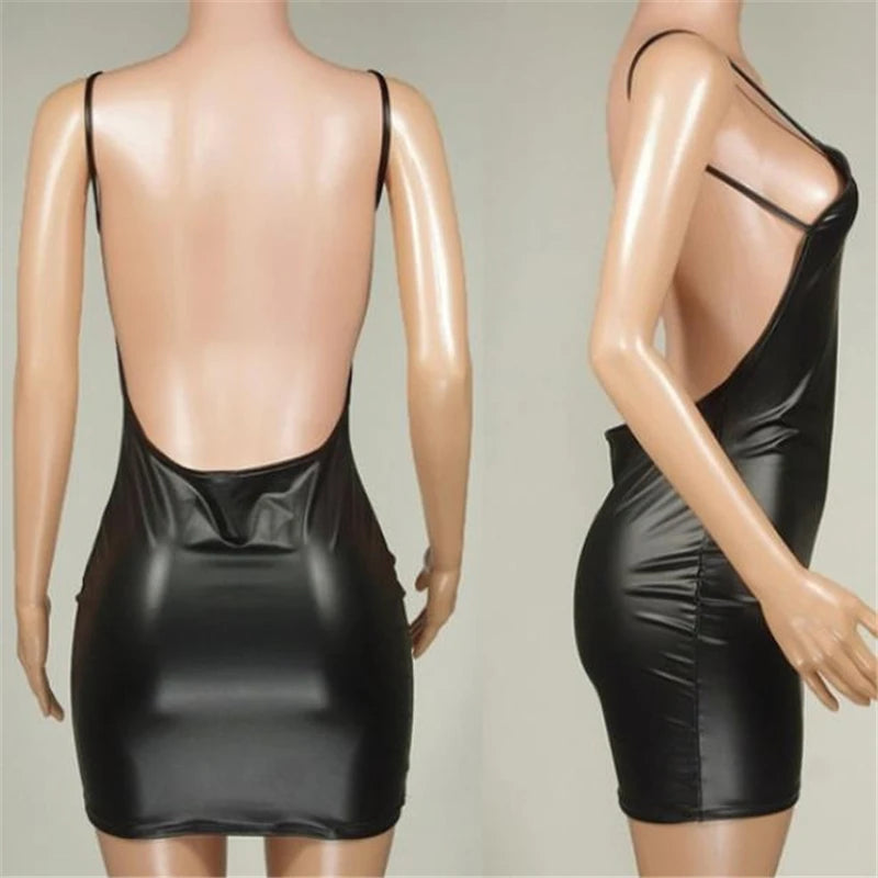 Sexy Faux Leather Dress Backless Club Party Short Dress Solid Black Wet Look Latex Bodycon Push Up Bra Mini Micro Dress 