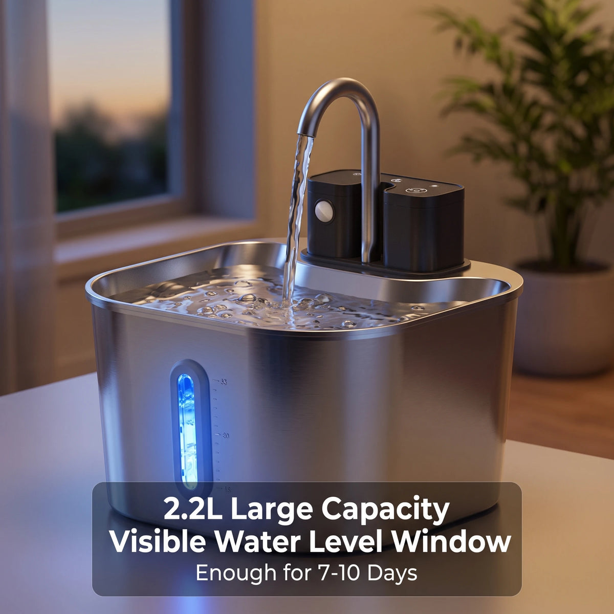 2.2L Wireless Recharging Sensor Stainless Steel Pet Water Fountain