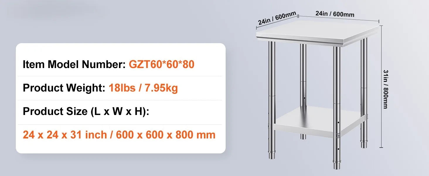 Stainless Steel Work Table with Adjustable Shelf Heavy Duty Prep Station