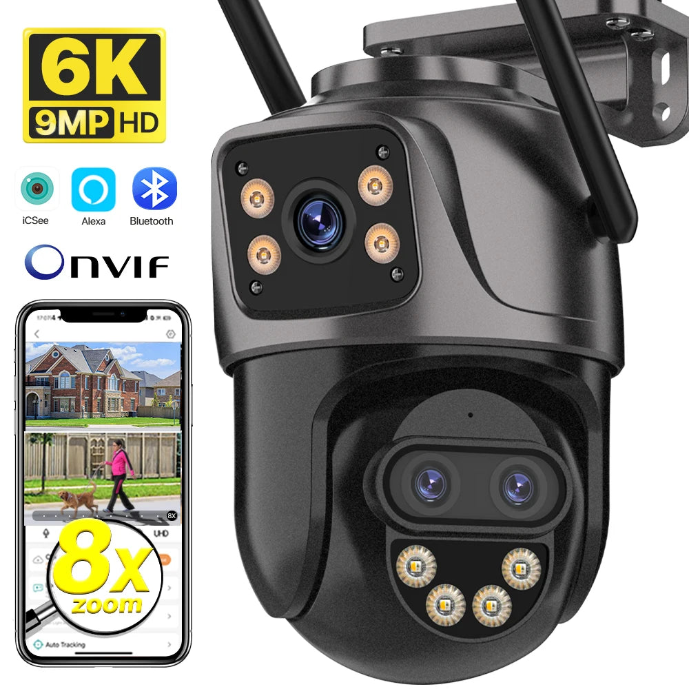 6K 9MP WiFi Outdoor PTZ Security Camera with Dual Screen, Three Lens, 8x Zoom