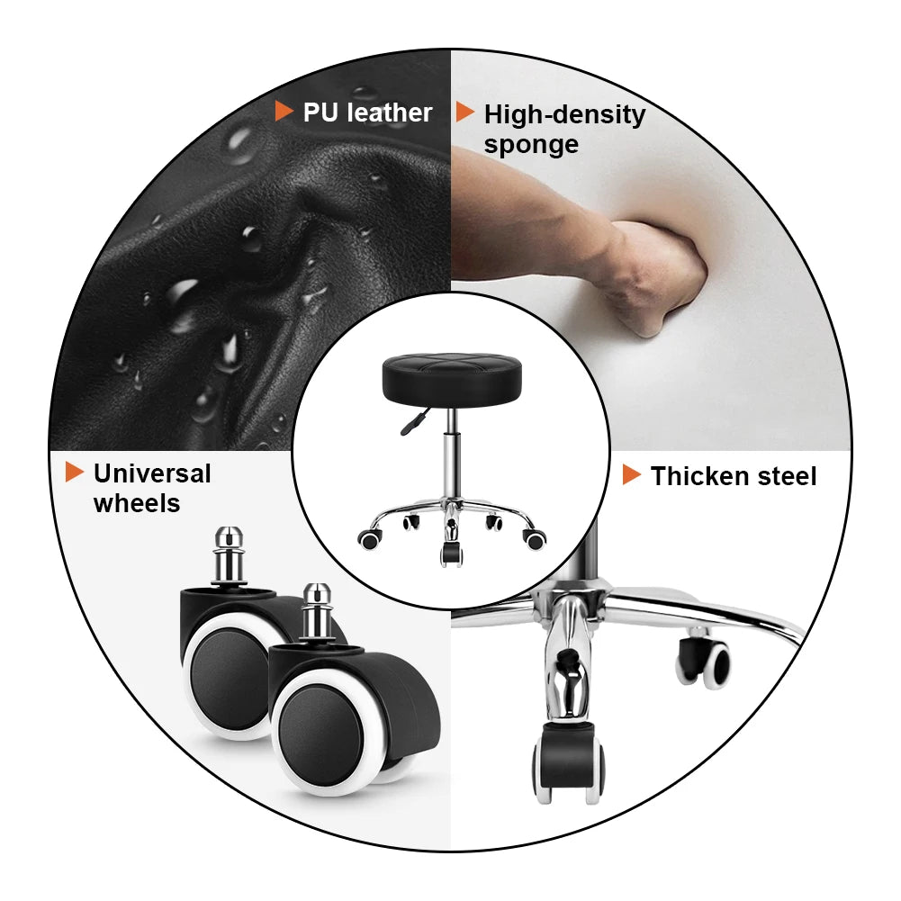 Adjustable Rolling Stool Chair with PU Leather Seat and Wheels