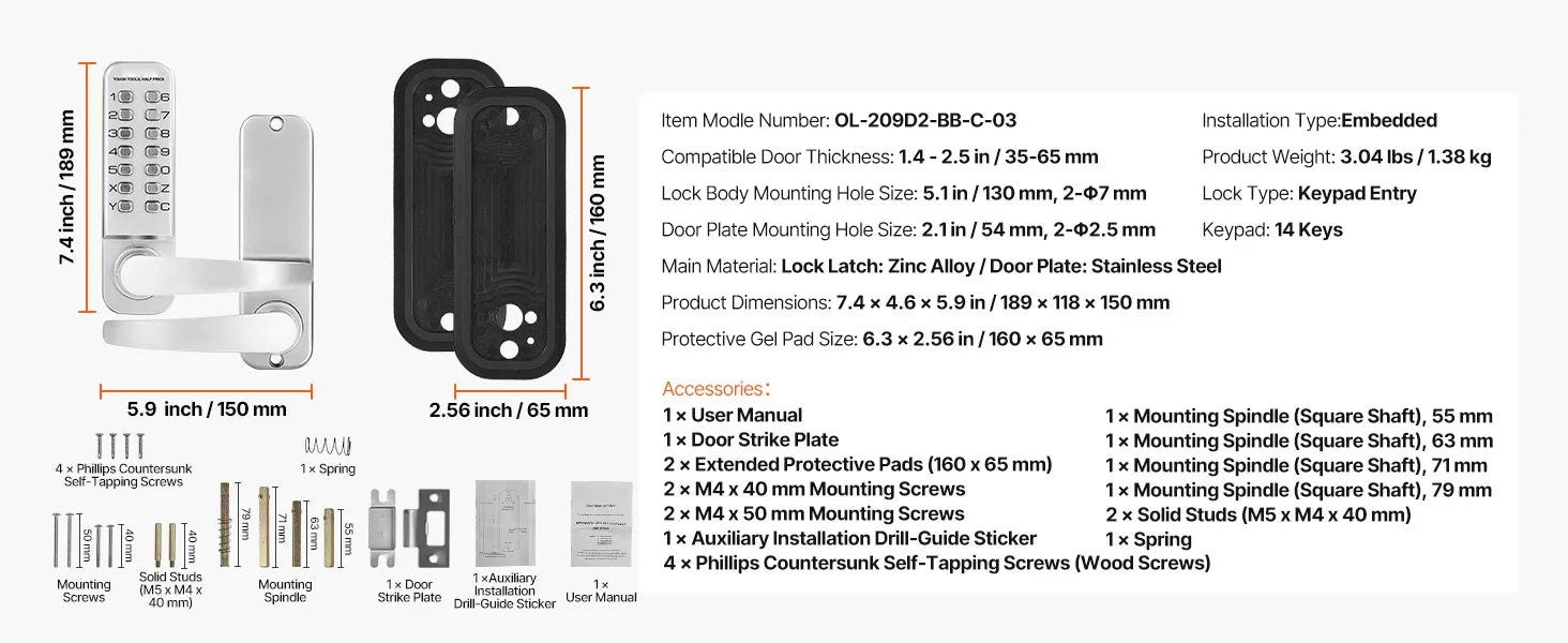 Mechanical Keyless Entry Door Lock with Auto Lock & Keypad