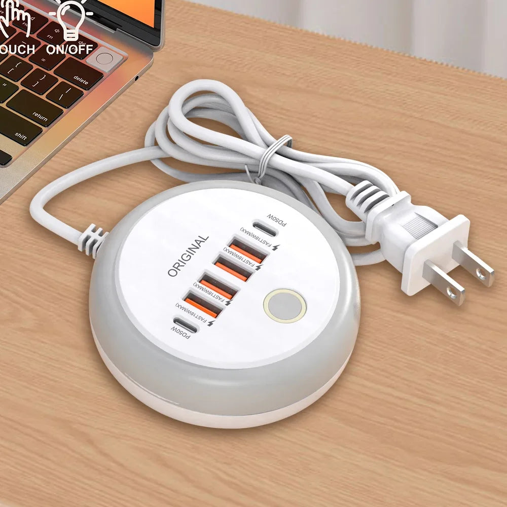 Nabíjačka USB so šiestimi portmi a dotykovým nočným svetlom