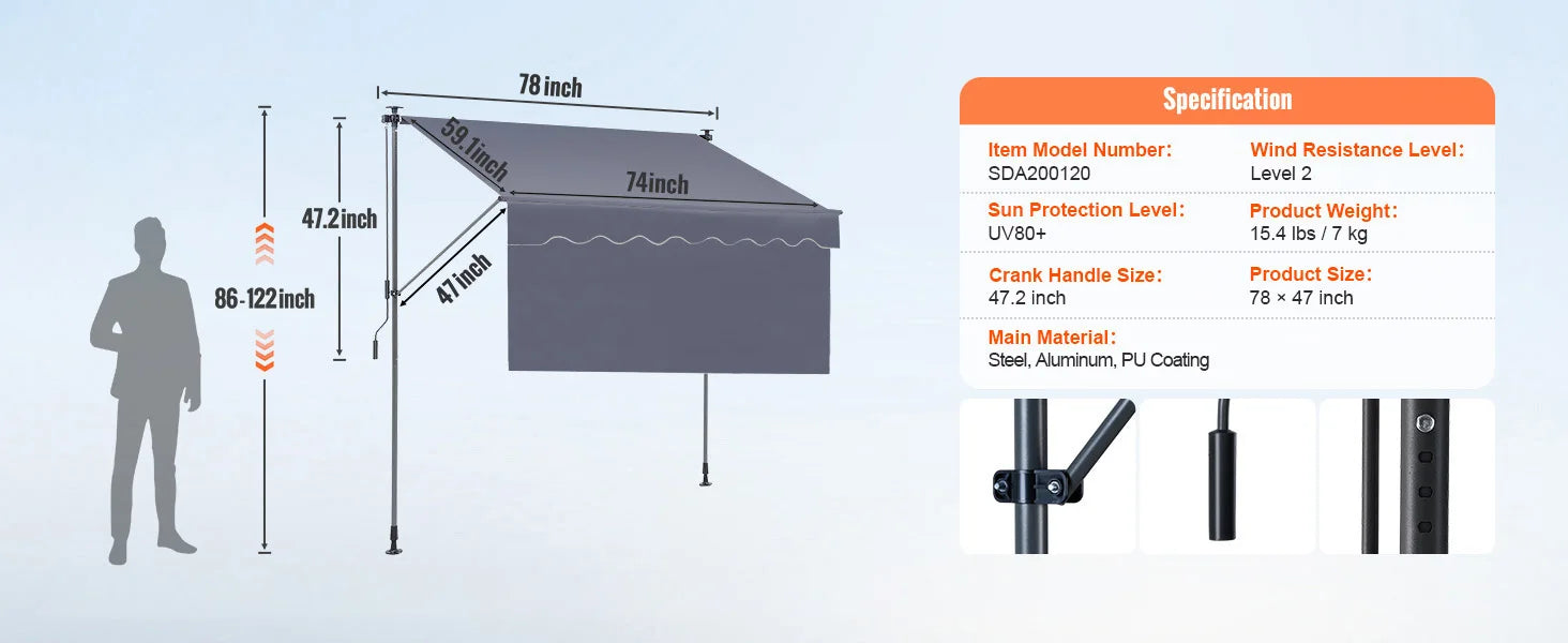 SucceBuy Manual Retractable Awning Outdoor Awning Retractable Sun Shade Water-Resistant Polyester Patio Door Window for Backyard