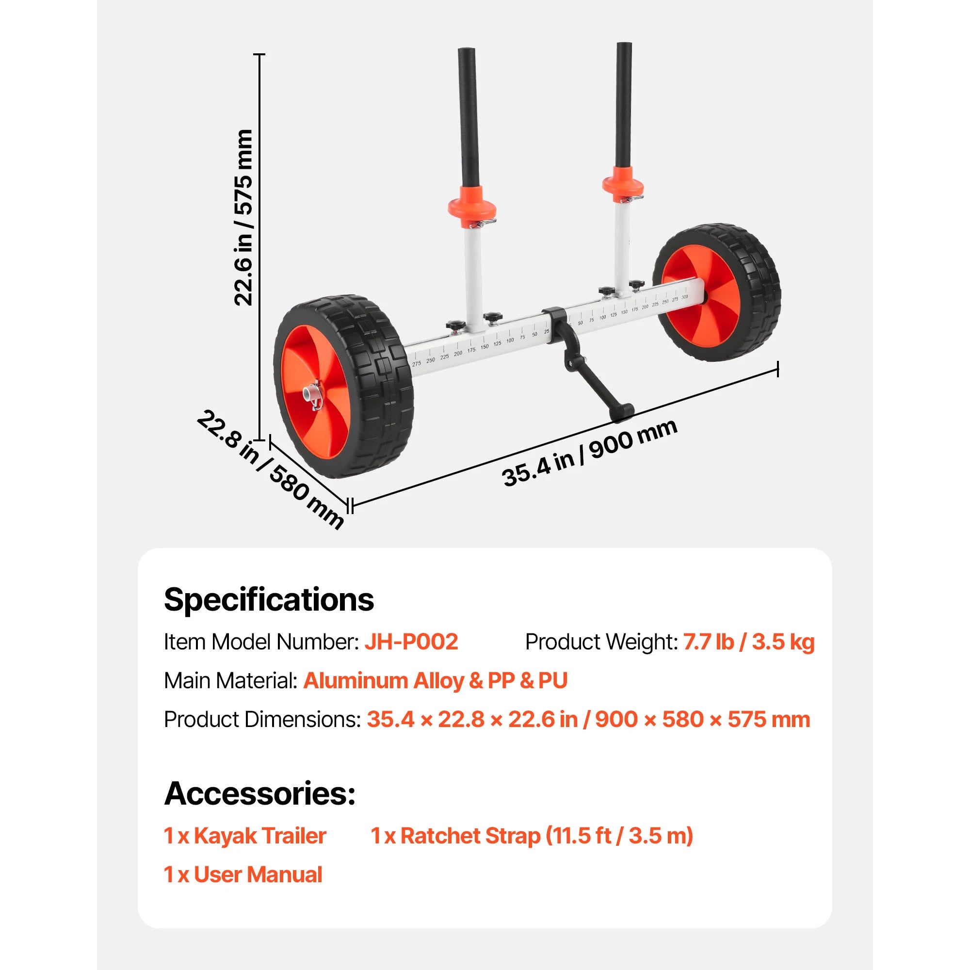 Kajakvogn Dolly 230 lbs med 10" solide dæk til nem transport