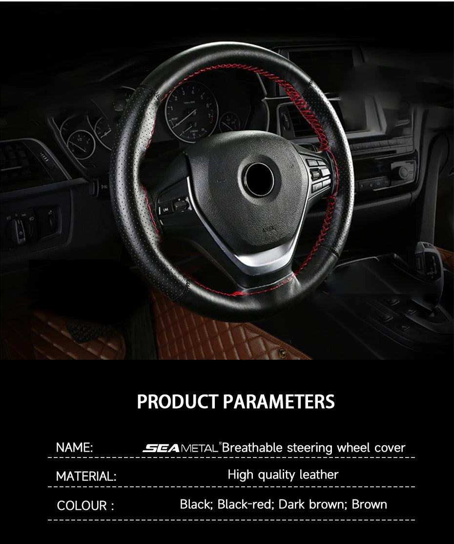 SEAMETAL Cowhide Steering Wheel Cover Soft Leather Steering Cover Wear-Resistant Anti Scratch Steer Wheel Protector for 37-39cm