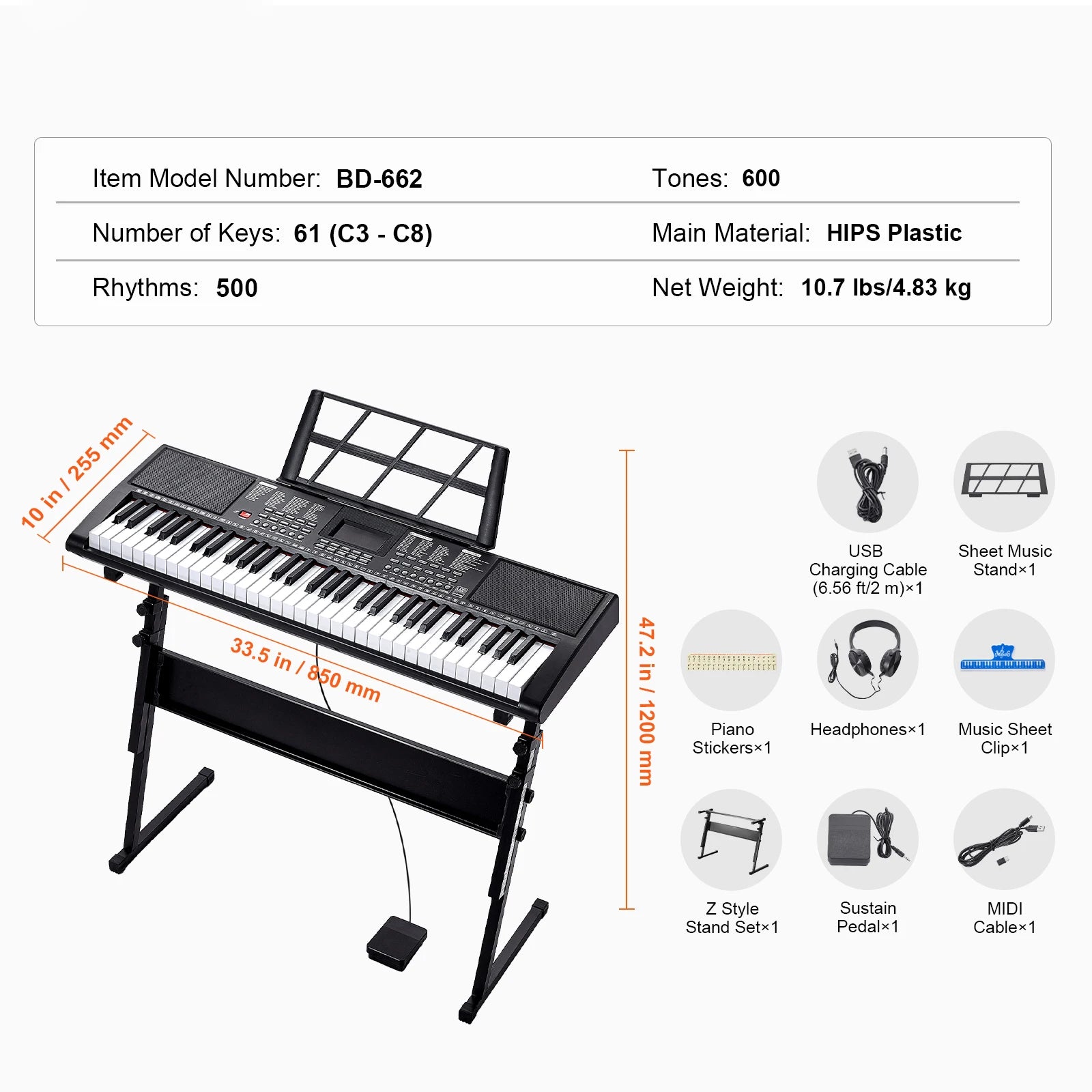 61-Key Digital Keyboard Piano with 200–600 Tones for Beginners