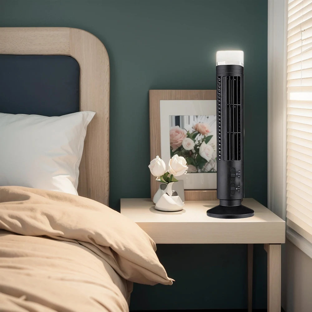 Beznástrojový LED věžový ventilátor s USB napájením a 90° oscilací