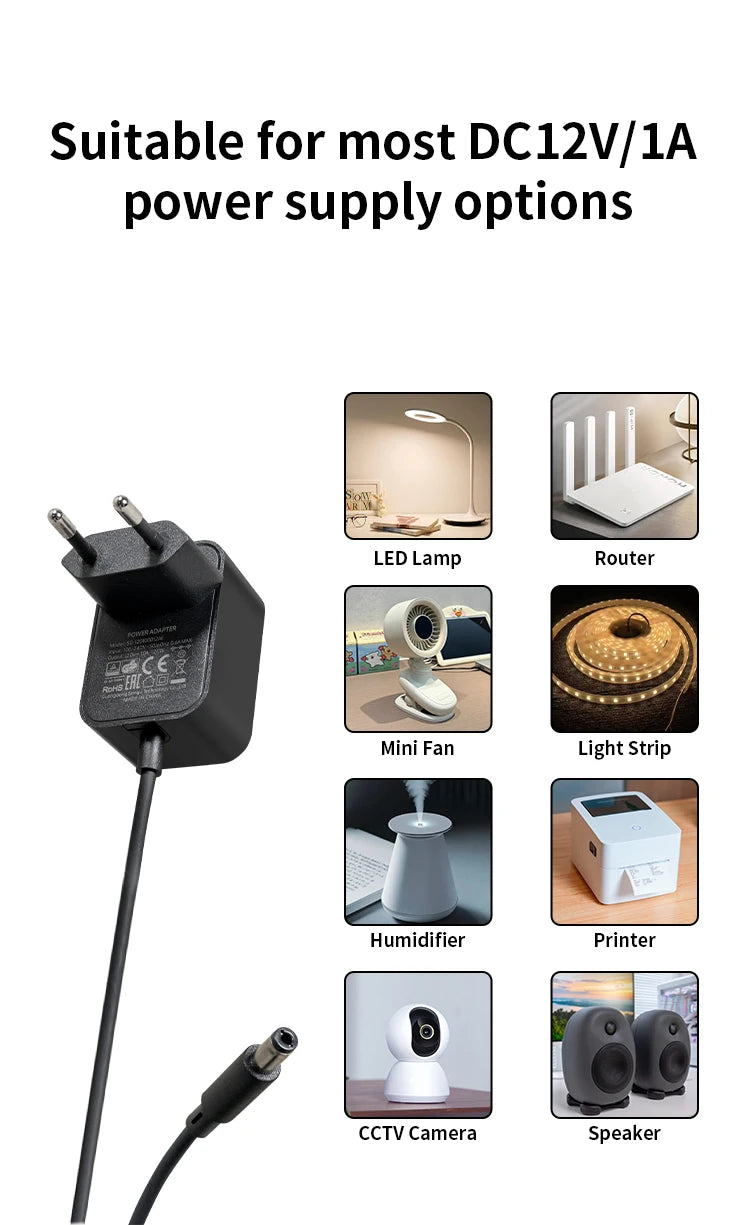 DC12V 1A Power Adapter 12W AC Power Adapter Suitable for Small Household Appliances AC100-240V to DC12V 1000mA Charger
