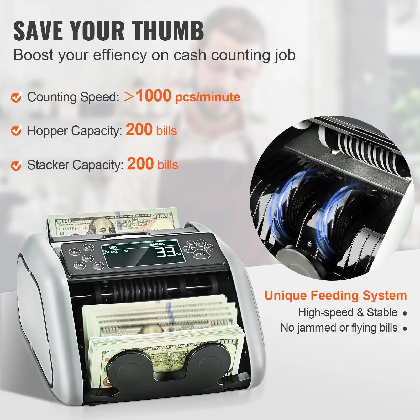 Money Counter Machine with UV MG IR Detection, 1000 Bills/Min