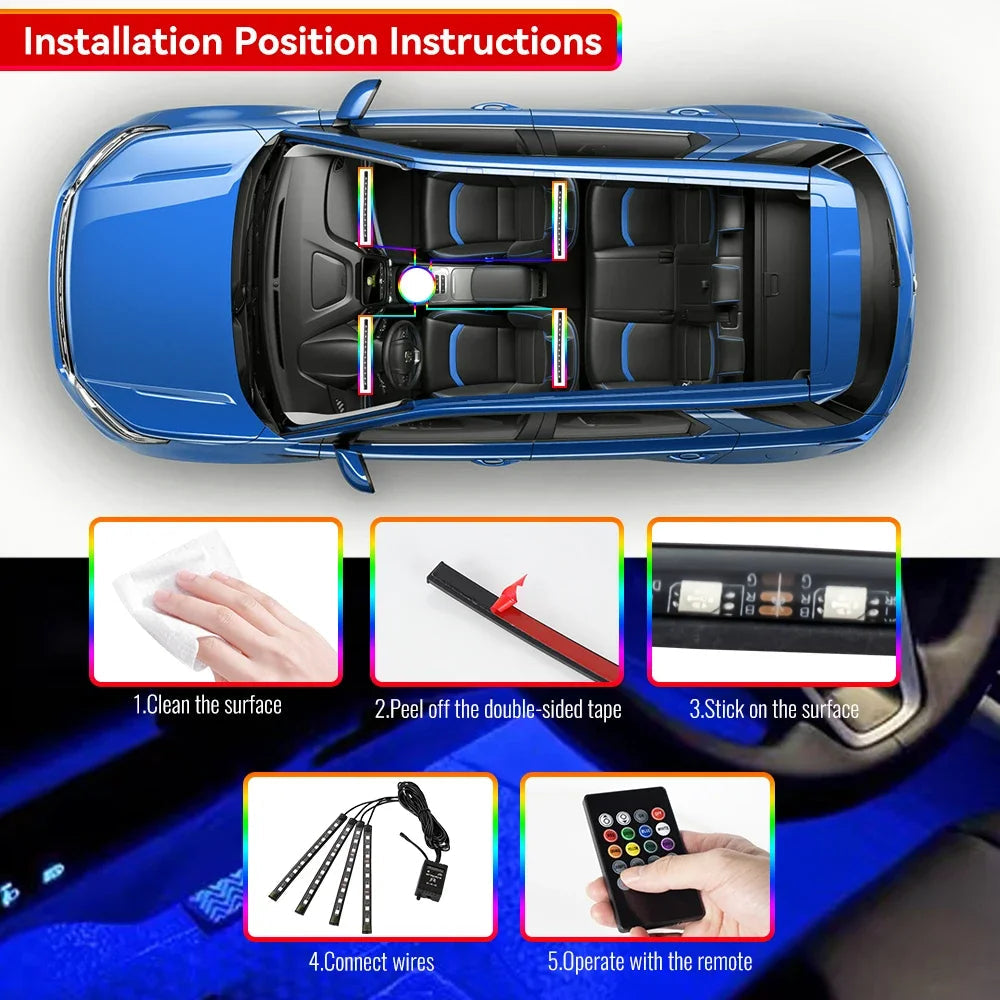 Neon 36 48 72 LED Car Interior Ambient Foot Light Wireless Remote Music APP Control Auto RGB Atmosphere Decorative Lamp 
