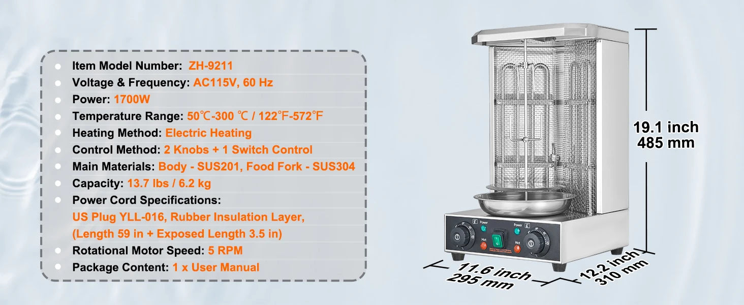 Electric Shawarma Grill Machine 13.7lb Vertical Rotisserie Cooker