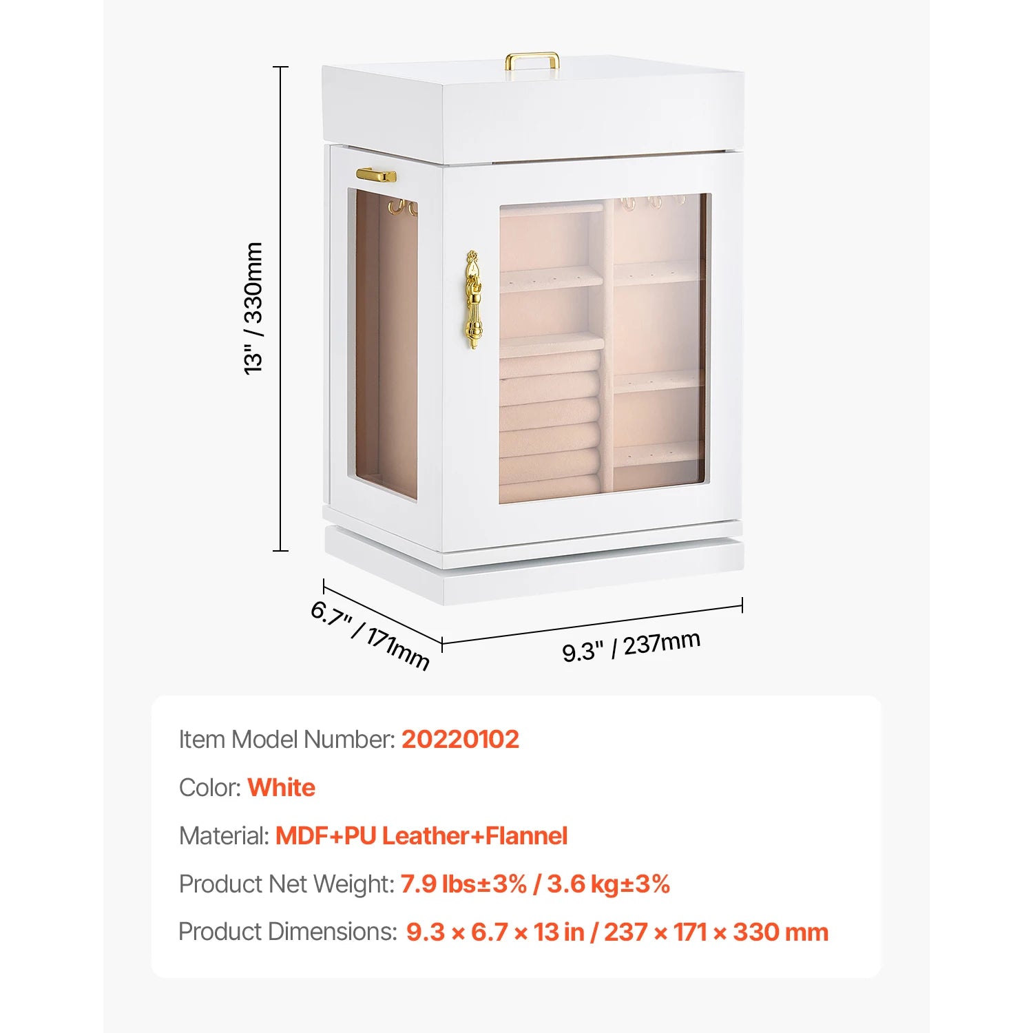 360° Rotating Jewelry Organizer Box with Acrylic Window & Hooks
