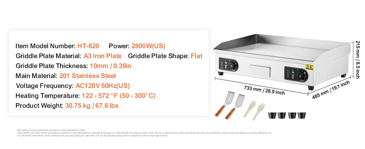 Commercial Electric Griddle 122–572°F Flat Top Countertop Grill