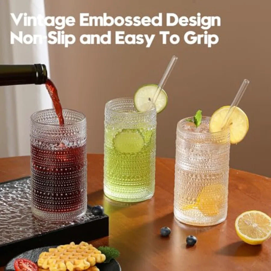 Vintage Hobnail Drinking Glasses, 16 oz Large Capacity Emed Clear Tumblers, Highball Glasses for Water, Cocktail, Beer, Whiskey