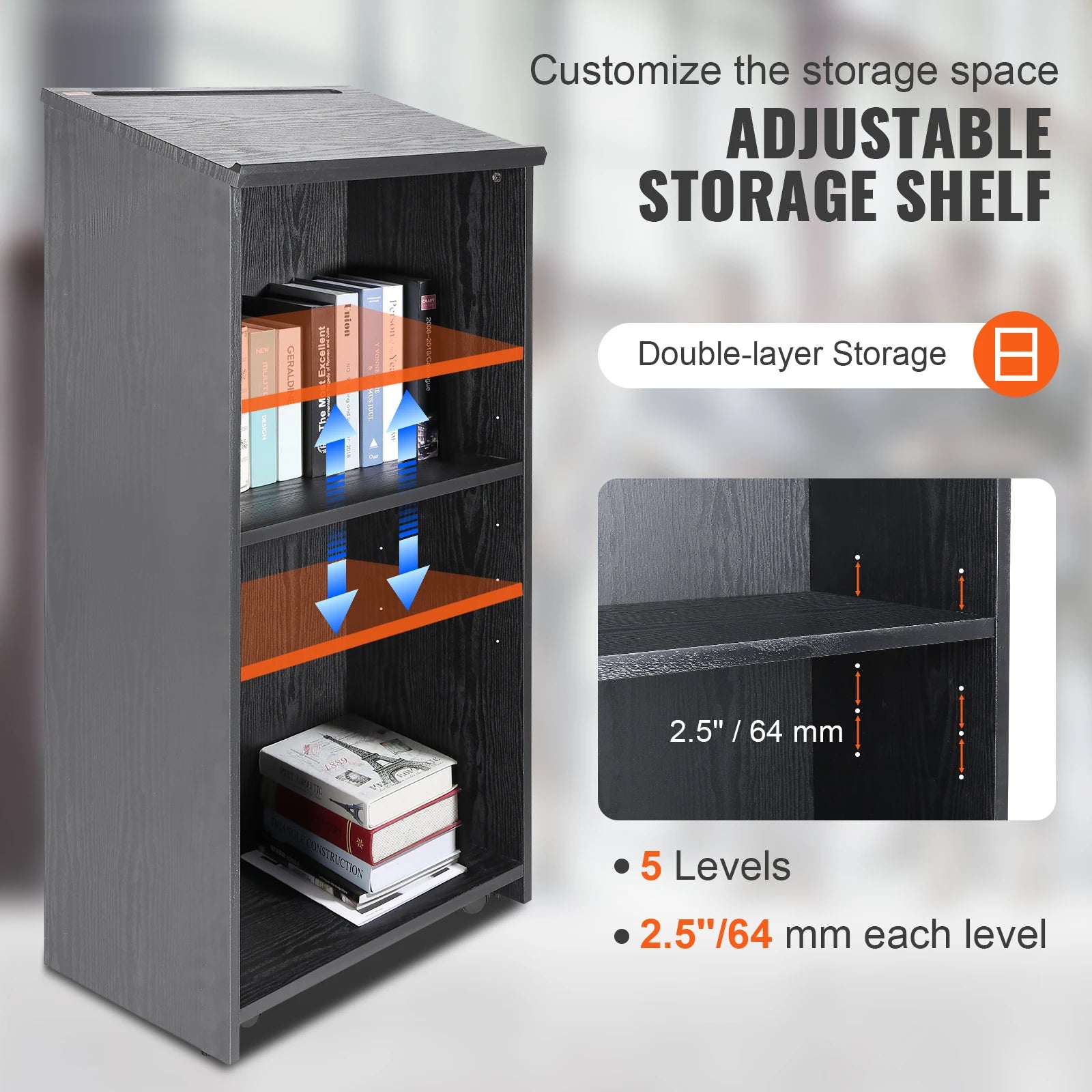 47" Rolling Podium Stand with Shelves and Tilted Desktop