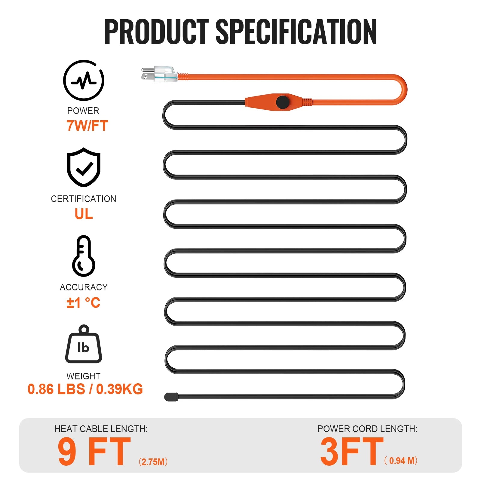Cable calefactor para tuberías con cinta térmica para protección contra congelación (6FT–30FT)