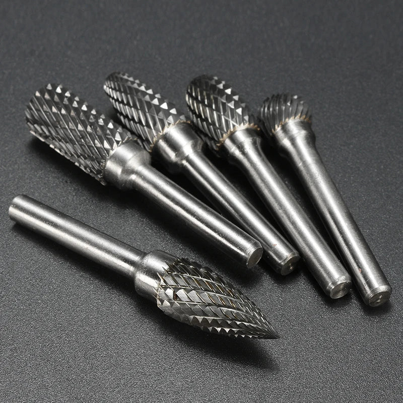 5pcs Double Groove Rotary File 6mm Grinding Head Tungsten Carbide Burr Milling Cutter Drill Bit Set Finishing Metal Mould 