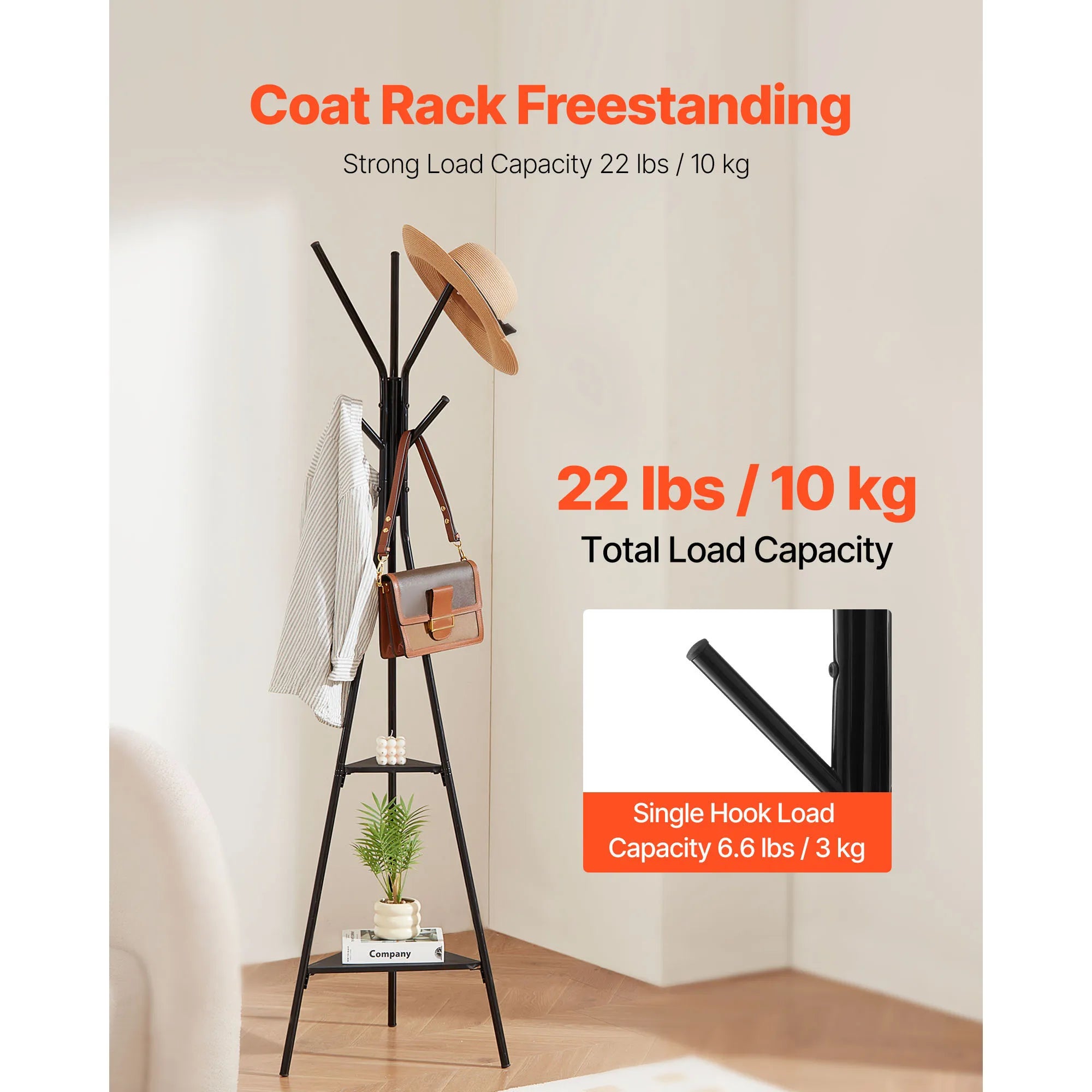 Freestanding Coat Rack with Shelves and Hooks for Entryway Storage