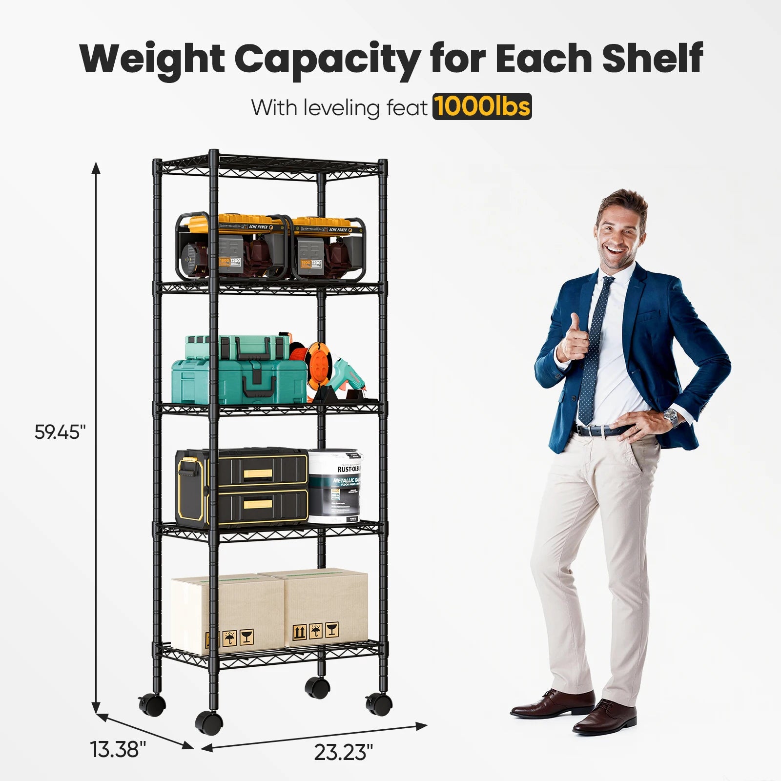 3–5 Tier Metal Grid Storage Shelf with Lockable Wheels