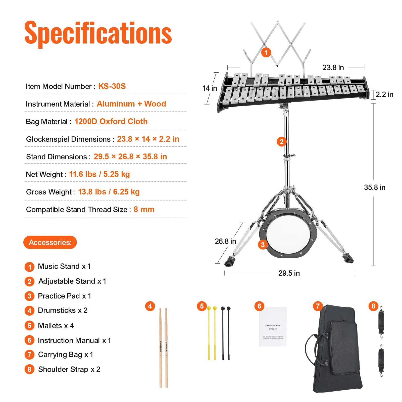 30-Note Glockenspiel Xylophone Bell Kit with Bag & Mallets