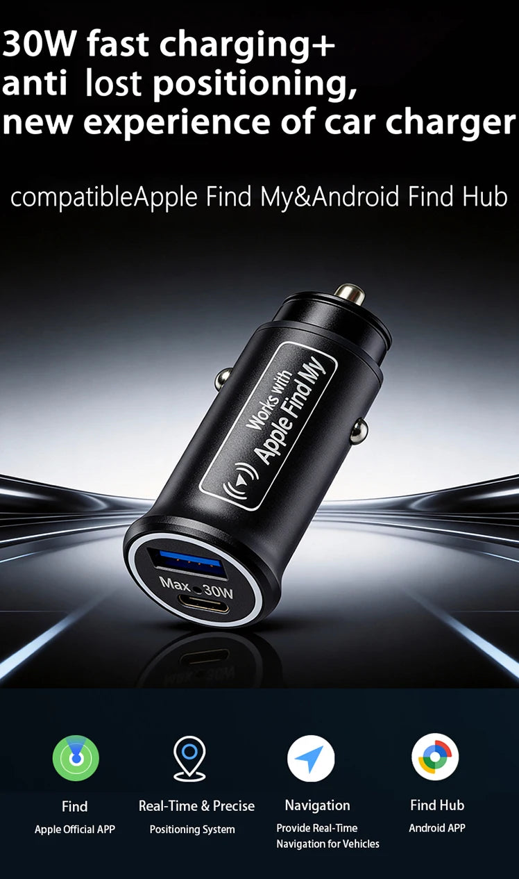 Univerzální mini GPS lokátor, sledování auta, nabíječka do cigaretového zátku, USB Type-C adaptér, skrytá, pro IOS Apple nebo Google Find My APP