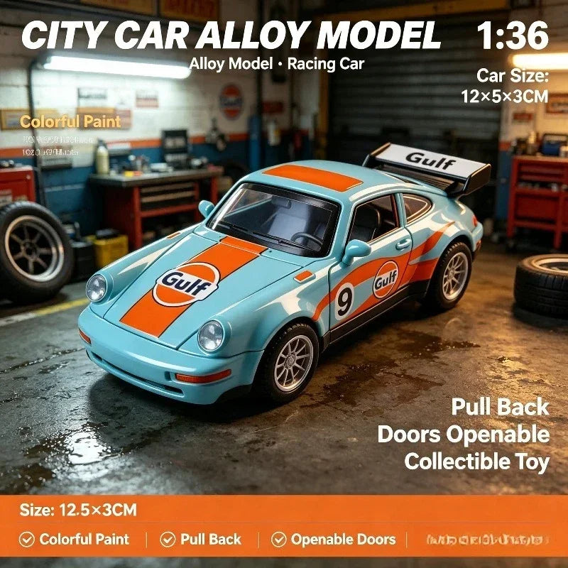 Model automobila, replika klasičnog trkaćeg automobila u mjerilu 1:36, sportski coupe od lijevanog metala s funkcijom povlačenja unatrag, vrata koja se mogu otvoriti, elegantna vintage trkaća silueta,