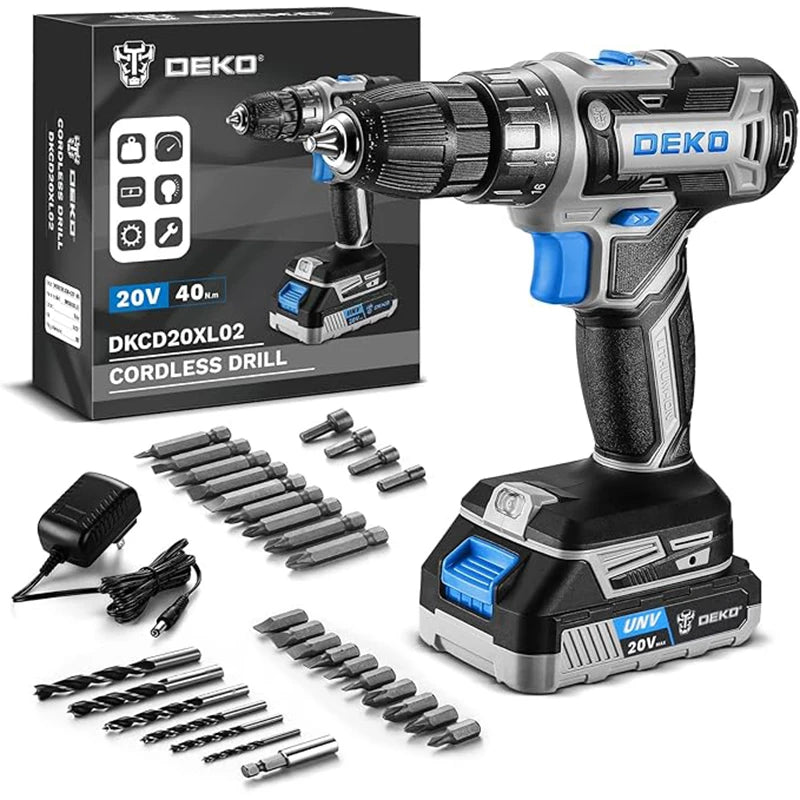 DEKO 20V Cordless Drill Driver Kit with Battery and Charger