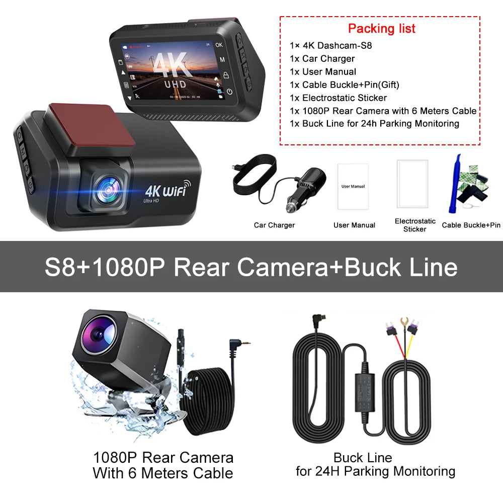 4K Front & Rear Dash Cam with WiFi, Night Vision & Parking Monitor