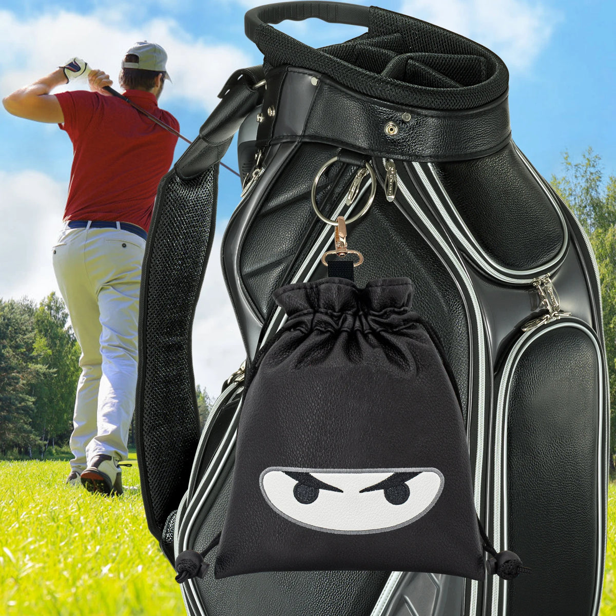 Golfopbevaringstaske med snorelukning og motiv af en maskeret sværdkæmper
