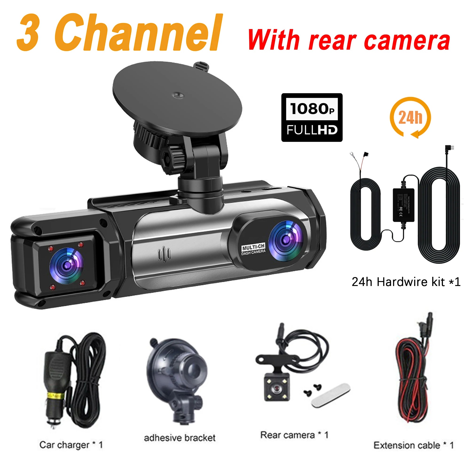 3 Camera Dash Cam 1080P Front Rear Interior Night Vision Parking Monitor