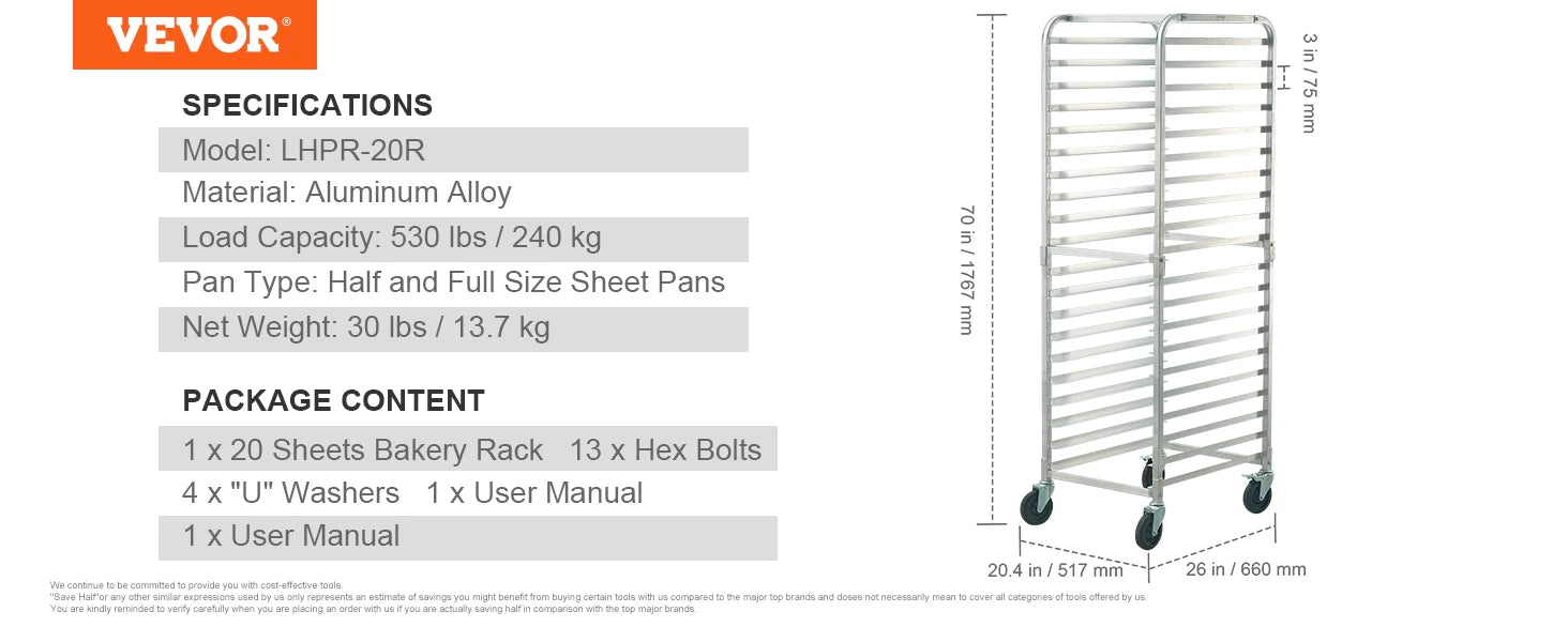 Commercial Bun Pan Rack with Brake Wheels for 10/20 Sheet Pans